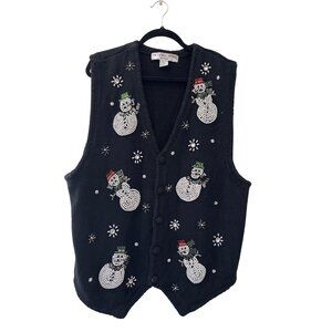 Vintage Victoria Jones Woman Black Holiday Snowman Beaded Knit Vest 2X